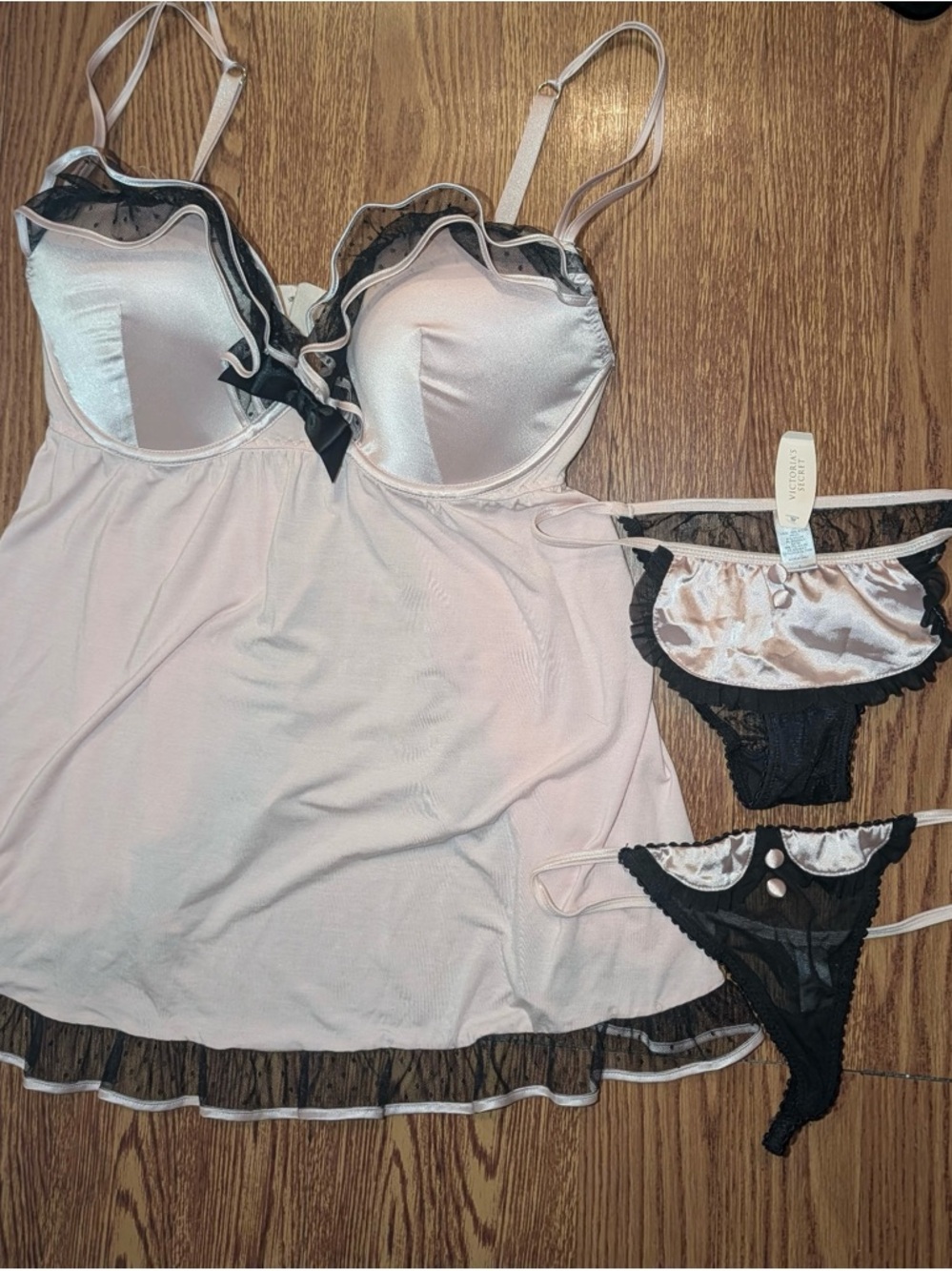 Victoria's Secret Satin Chemise Set in Pale Pink and Black